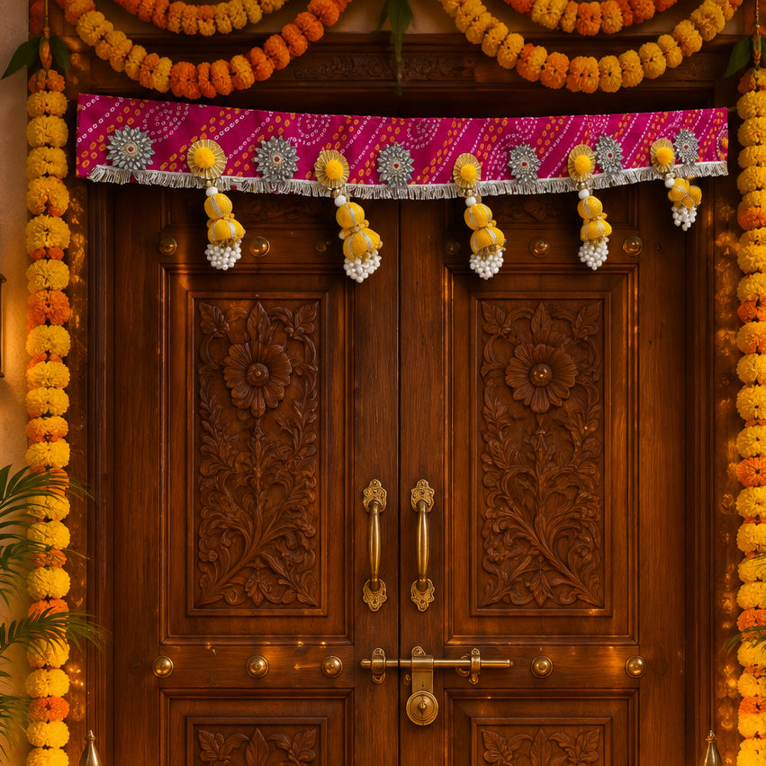 Handcrafted Bandhani Toran with Pearl Drops & Silver Details | Traditional Indian Door Valance, Diwali Festival & Housewarming Entrance Decor