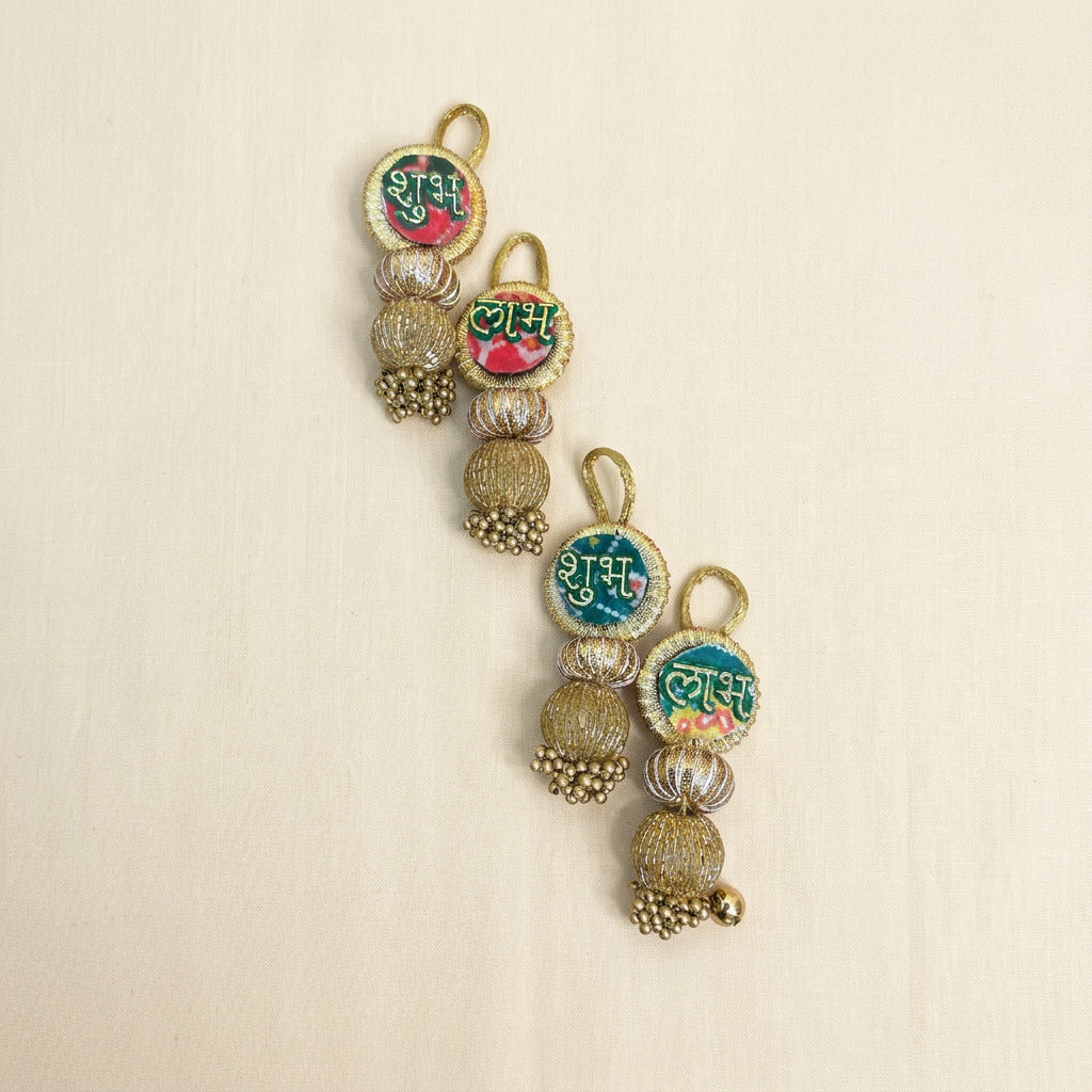 Handcrafted Shubh Labh Latkan Pair with Gold Beadwork in Satin Gift Bag | Traditional Indian Door & Pooja Decor