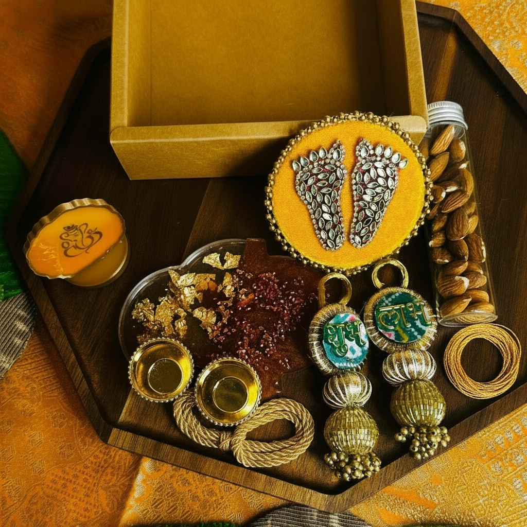 Premium Diwali Gift Box – Charan Paduka, Shubh Labh,& Almond Jar | Chamak Dhamak USA