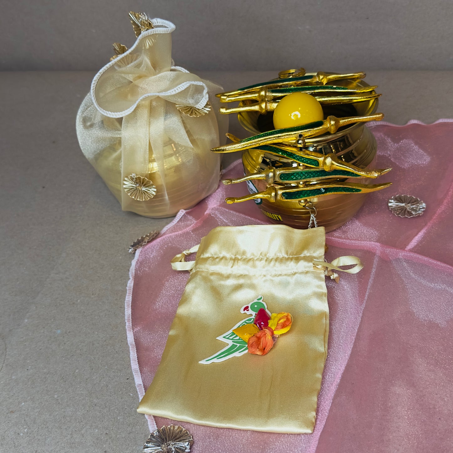 Brass Kalash Gift Set with Nimboo Mirchi Hanging, Parrot Haldi Kumkum & Thali Cover β Indian Pooja & Festive Gift | Chamak Dhamak USA