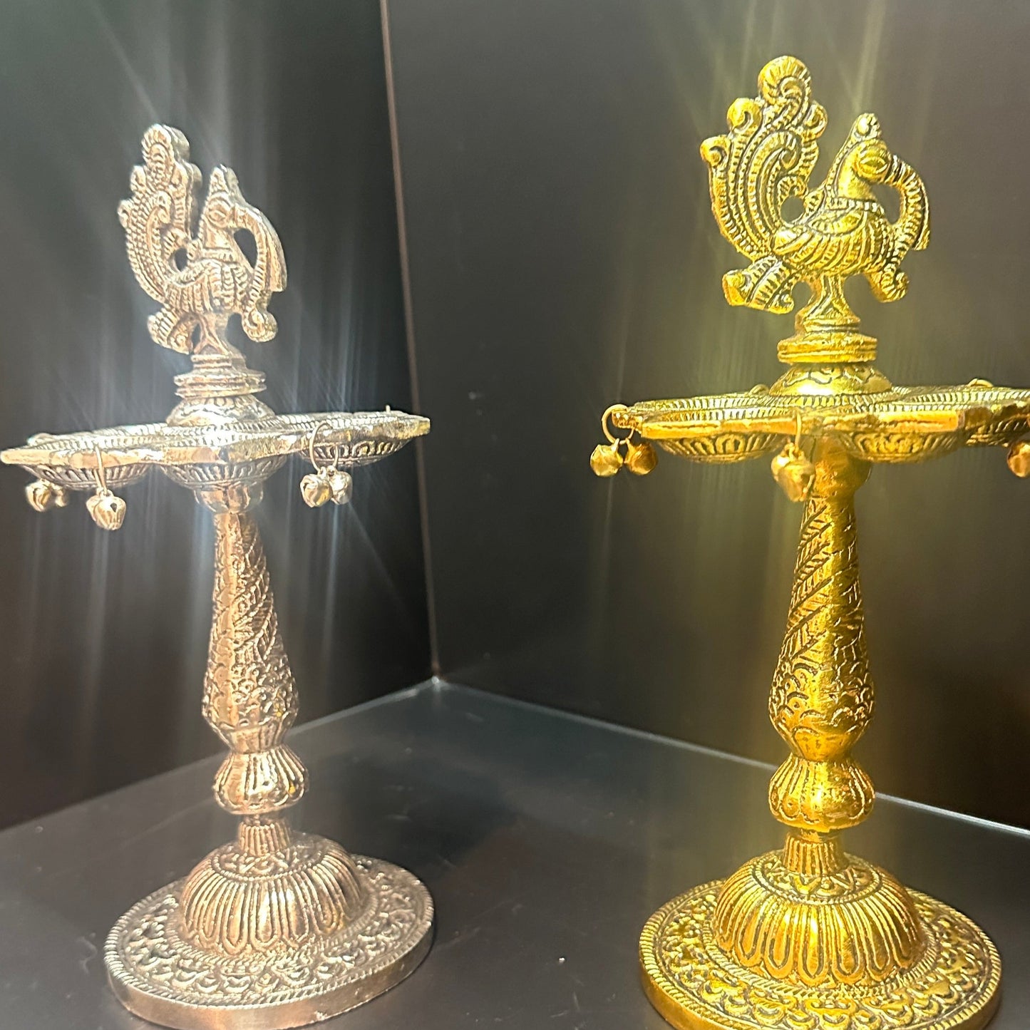 12 Inch Peacock Pillar Diya (Samai) | Silver & Gold Finish Brass Oil Lamp