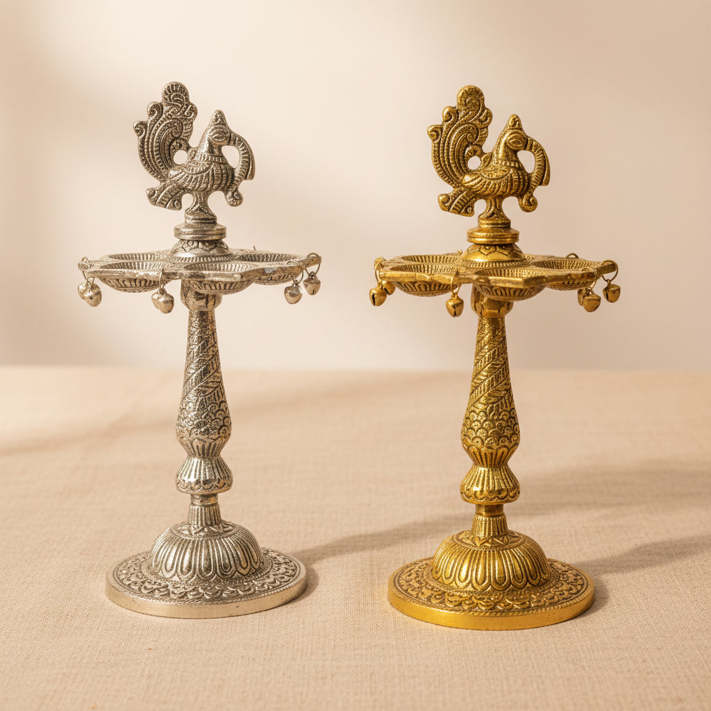 12 Inch Peacock Pillar Diya (Samai) | Silver & Gold Finish Brass Oil Lamp