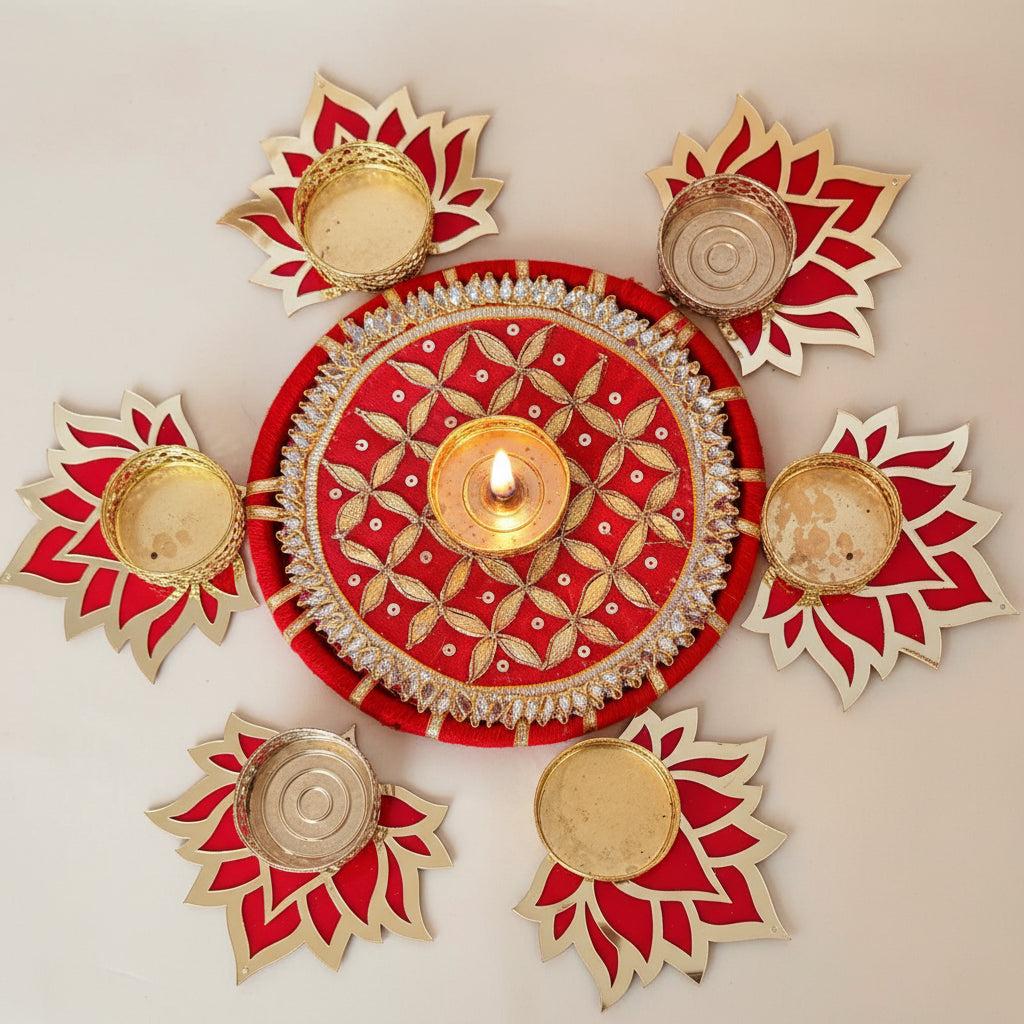Gotta Patti Rangoli Set with Repositionable Lotus Diyas - 7-Piece Festive Decor