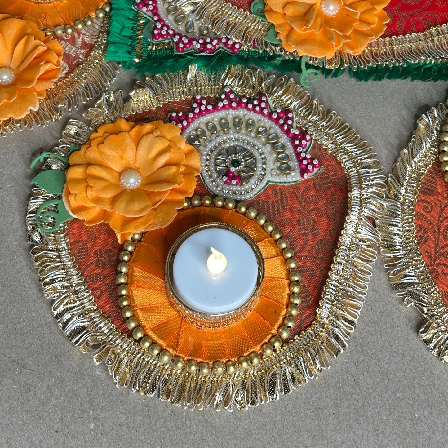 Green 5-Piece Square Diya Rangoli Set in Brocade Fabric - Festive Decoration
