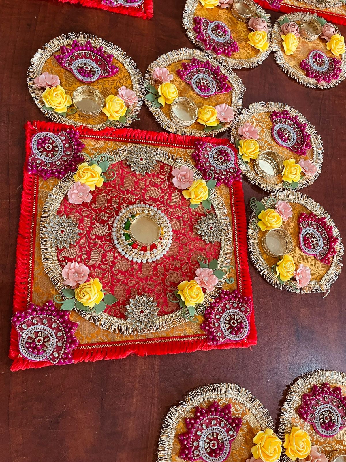 Green 5-Piece Square Diya Rangoli Set in Brocade Fabric - Festive Decoration