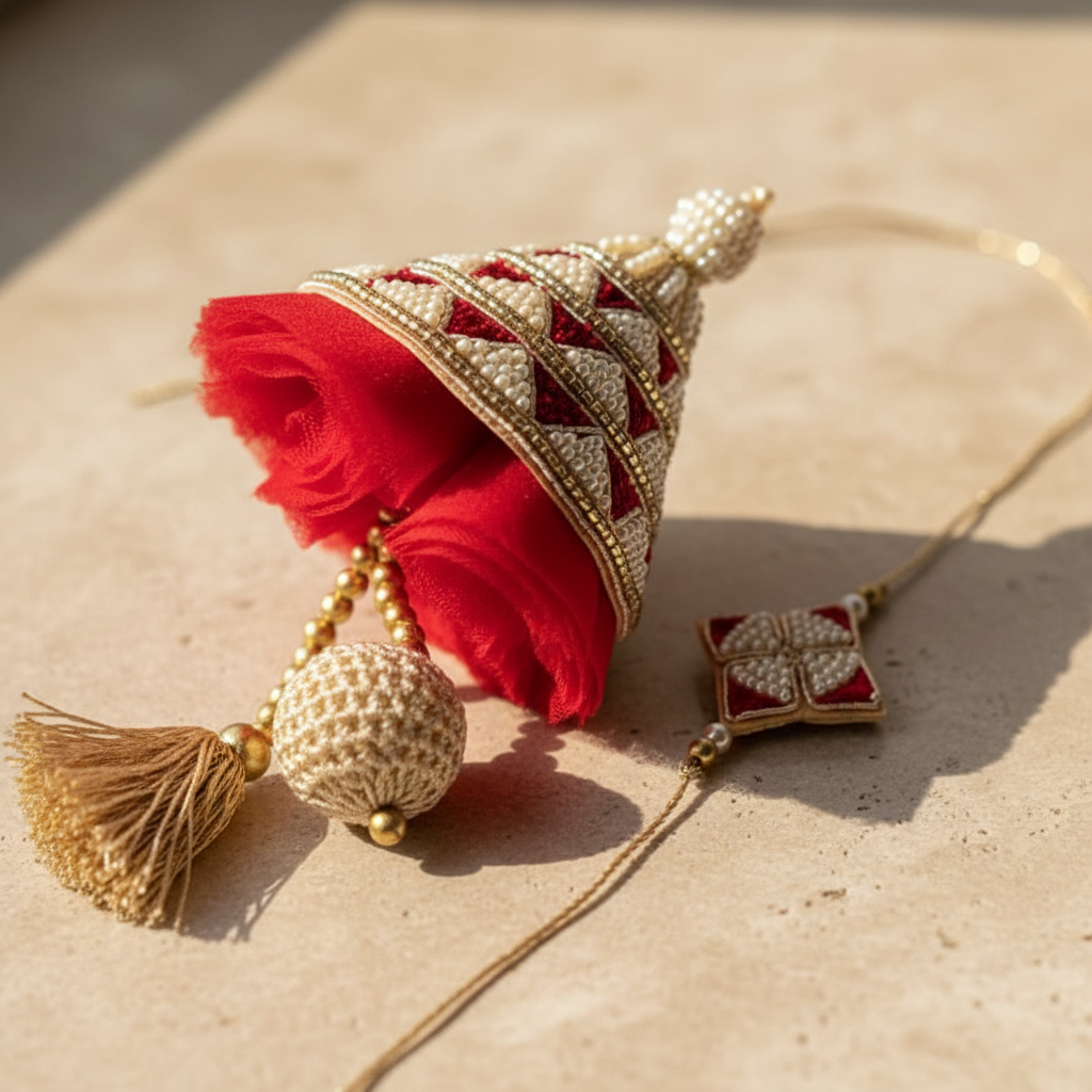 Pearl Cone Red Beaded Bhaiya Bhabhi Rakhi Set