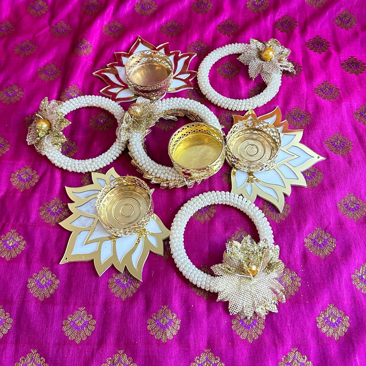 Gotta Patti Rangoli Set with Repositionable Lotus Diyas - 7-Piece Festive Decor
