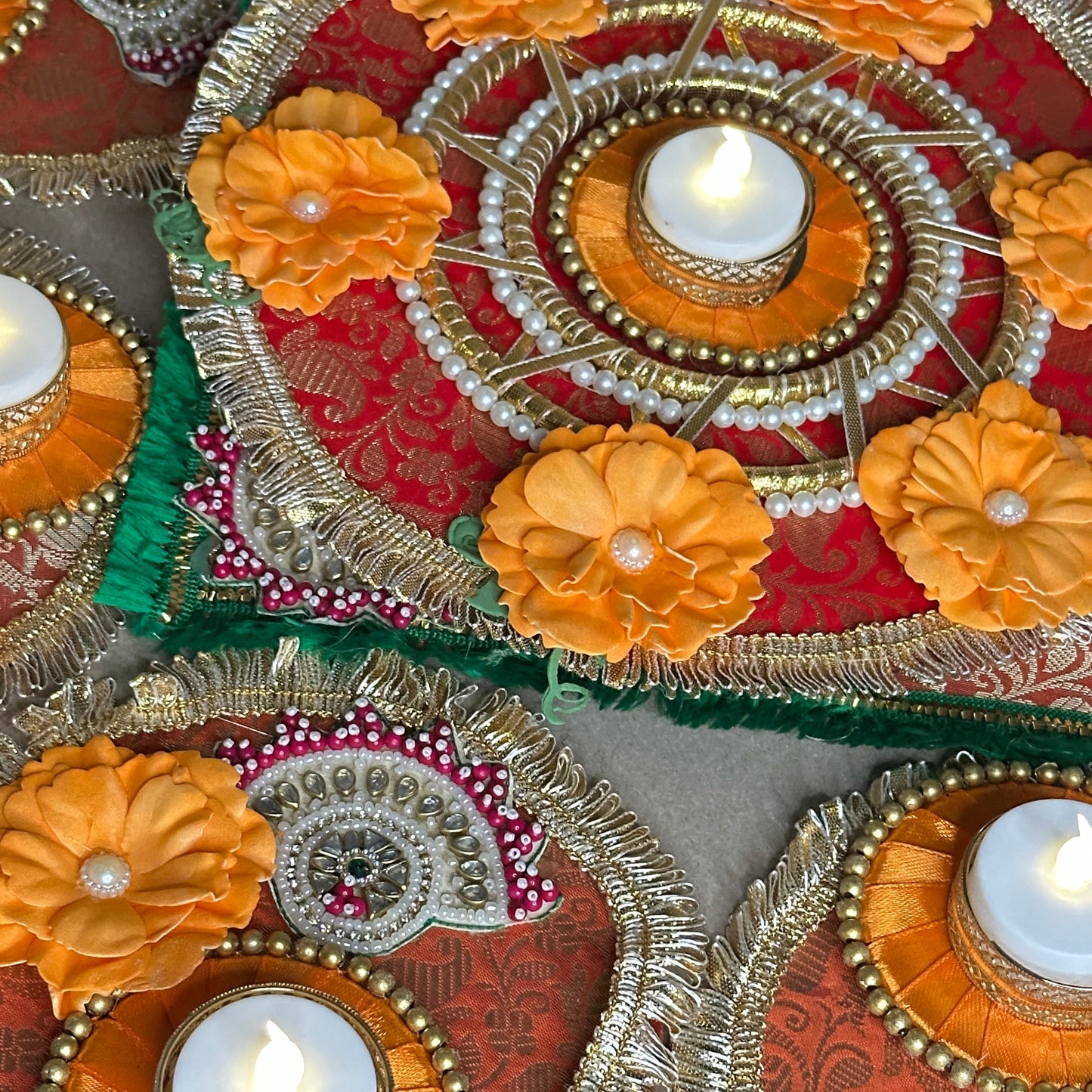 Green 5-Piece Square Diya Rangoli Set in Brocade Fabric - Festive Decoration
