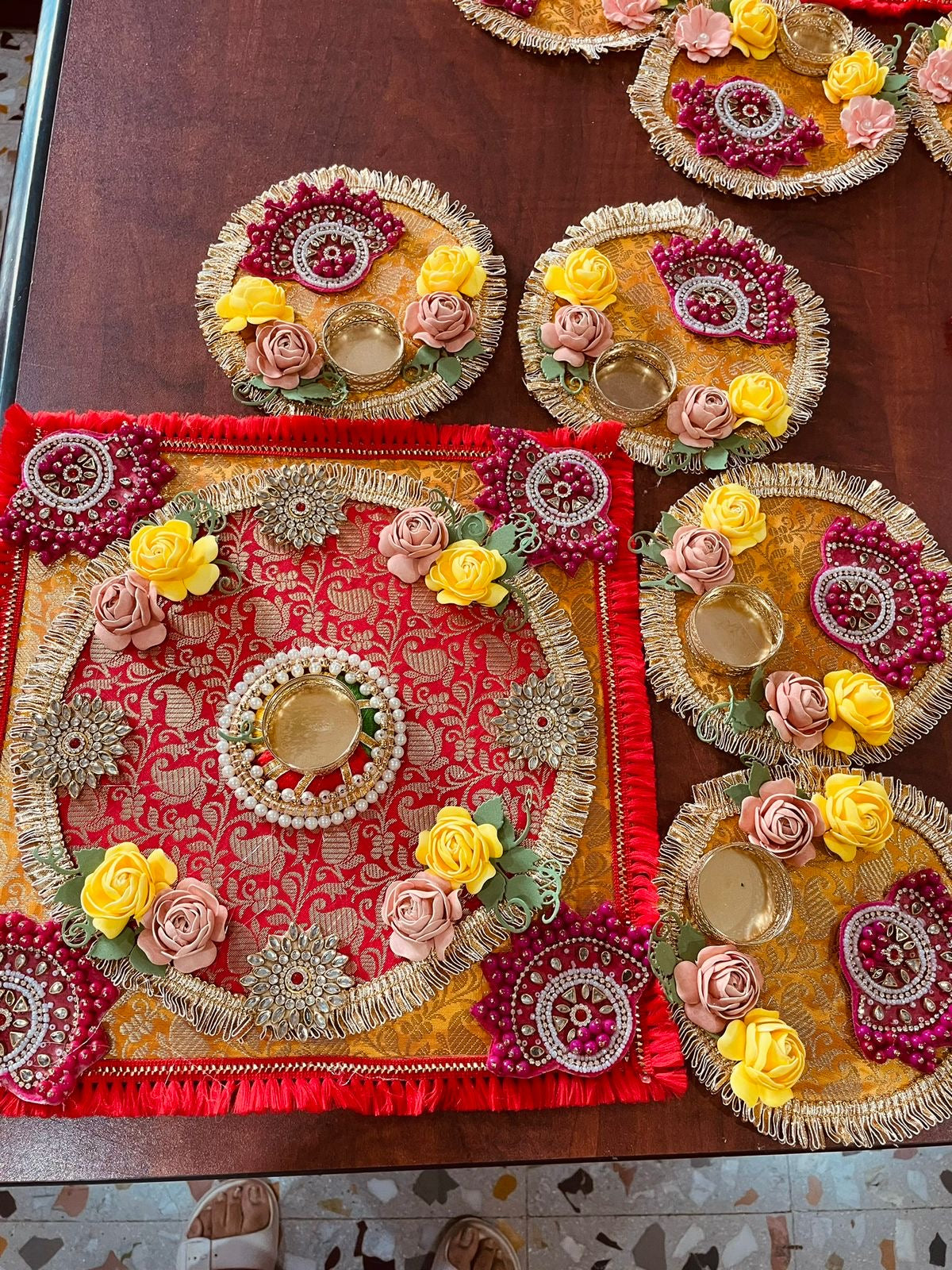 Green 5-Piece Square Diya Rangoli Set in Brocade Fabric - Festive Decoration