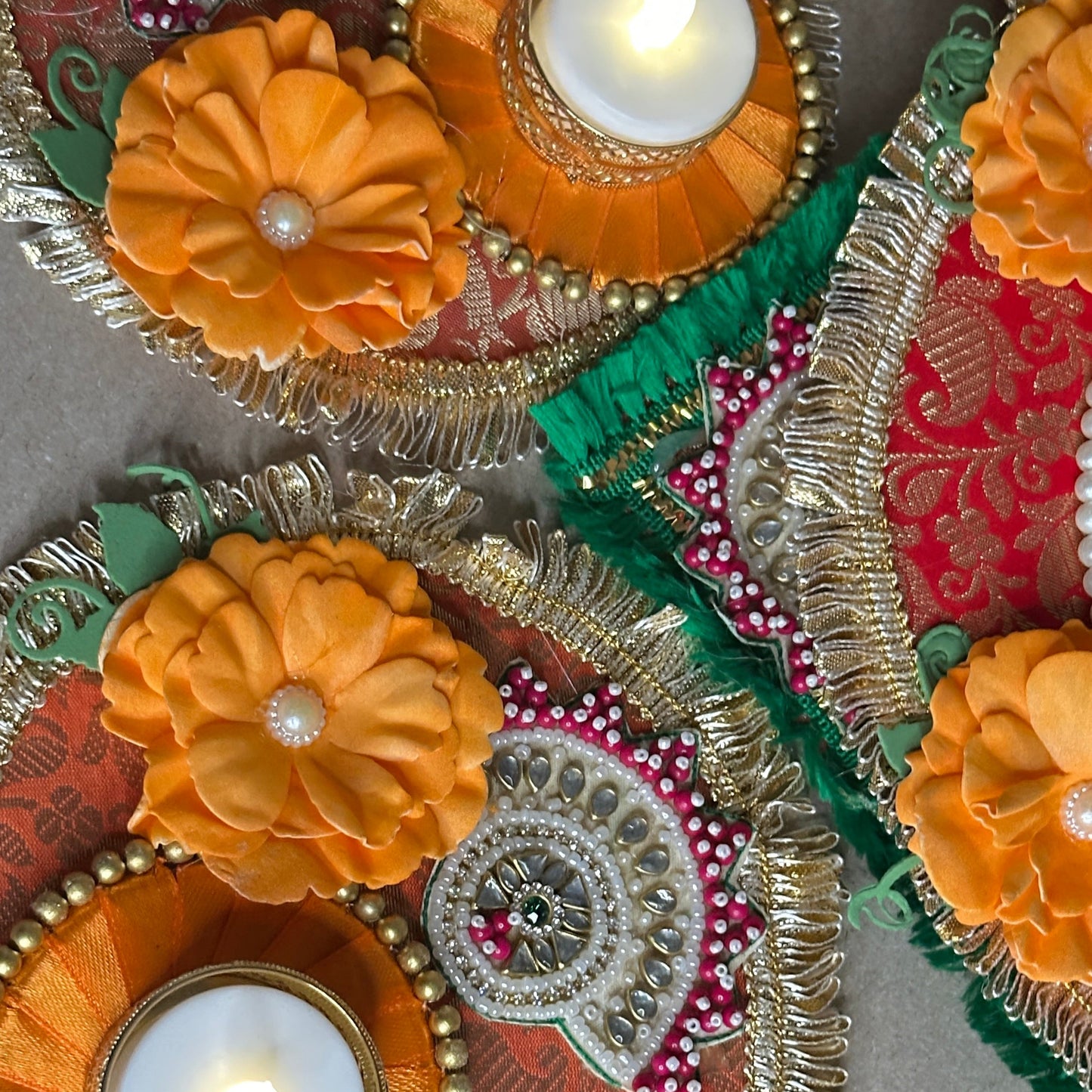 Green 5-Piece Square Diya Rangoli Set in Brocade Fabric - Festive Decoration