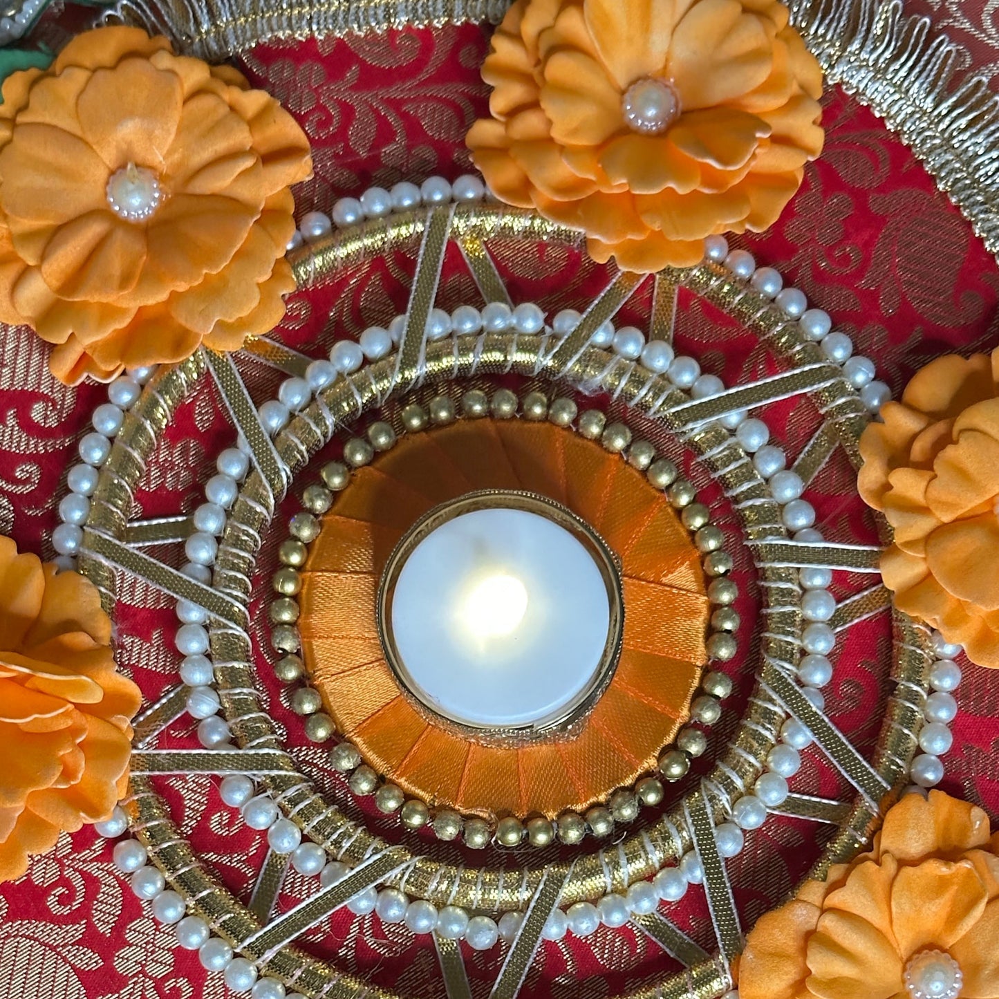 Green 5-Piece Square Diya Rangoli Set in Brocade Fabric - Festive Decoration
