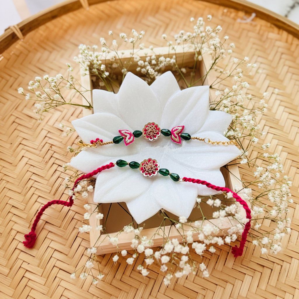 Heer-Ranjha Floral Rakhi Set