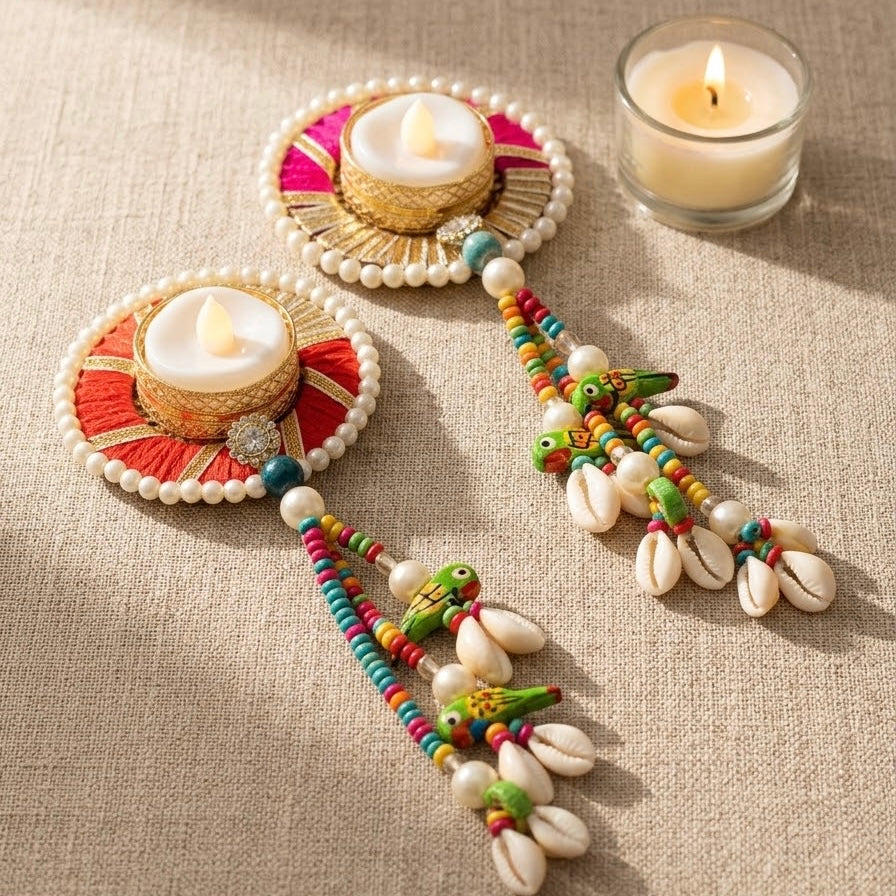 Handmade Diwali Gift Box Set with Kaudi & Parrot Latkan | Decorative Tea Light Diya Set for Diwali & Pooja Return Gifts