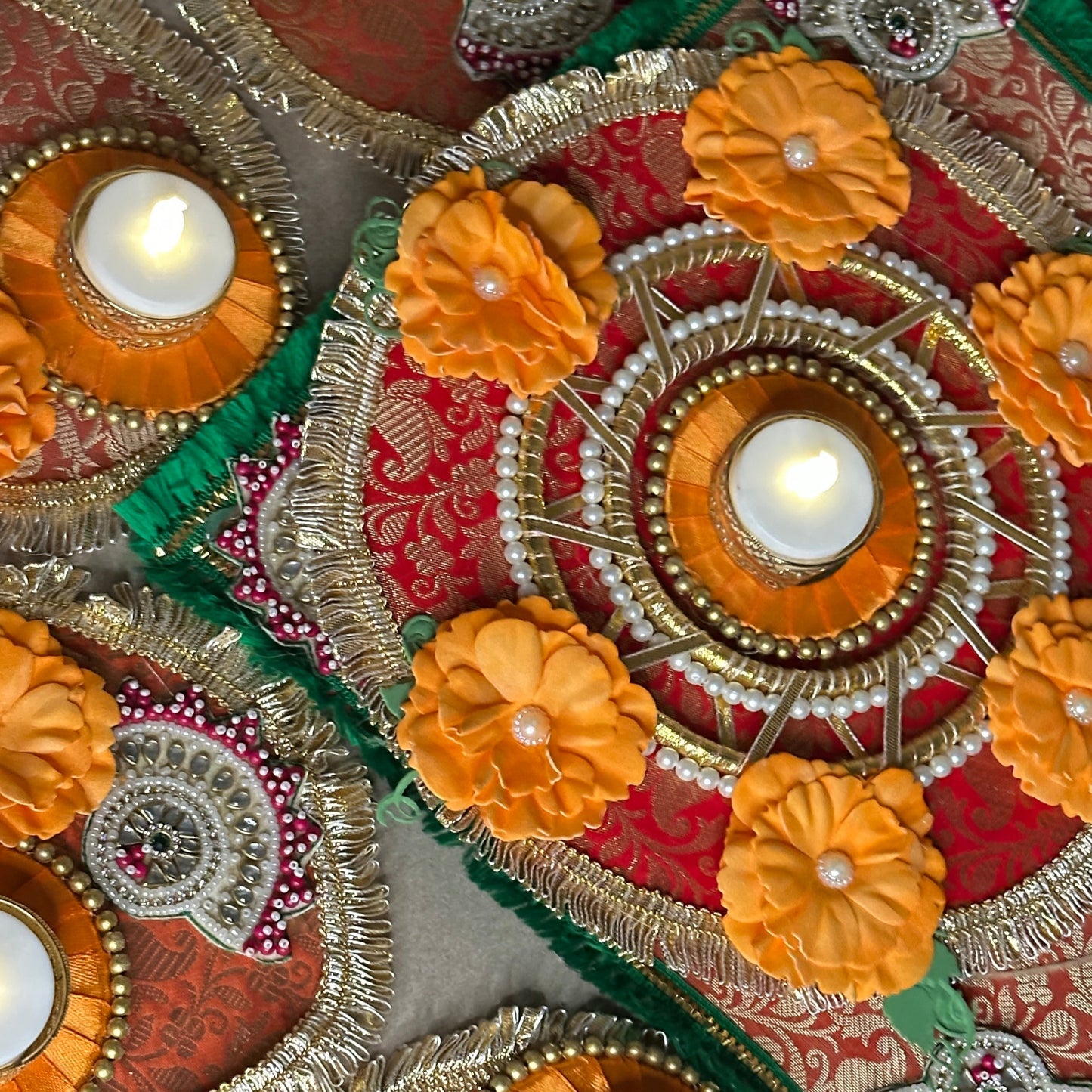 Green 5-Piece Square Diya Rangoli Set in Brocade Fabric - Festive Decoration