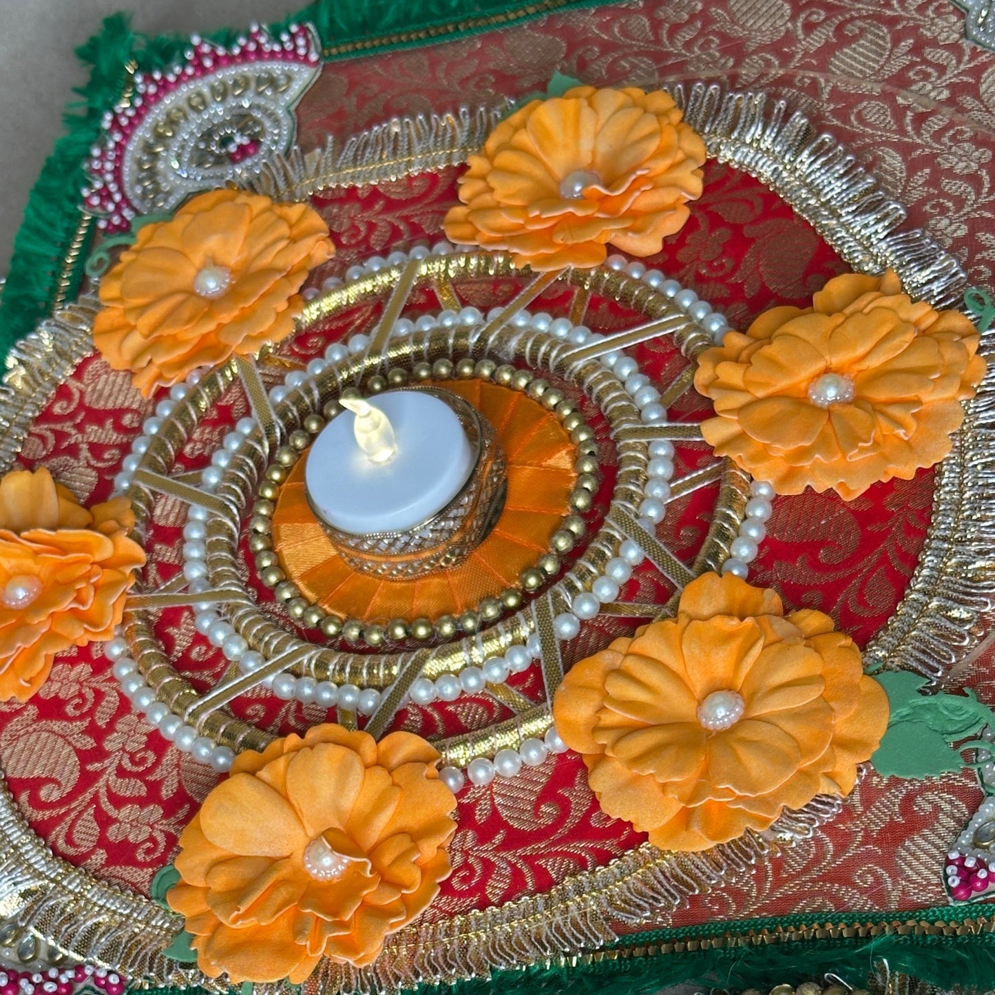 Green 5-Piece Square Diya Rangoli Set in Brocade Fabric - Festive Decoration