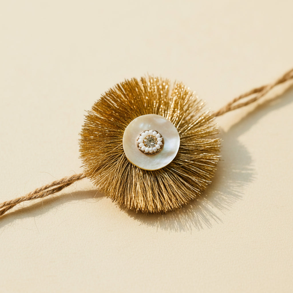 Golden Tissue and Shell Work Rakhi - Single