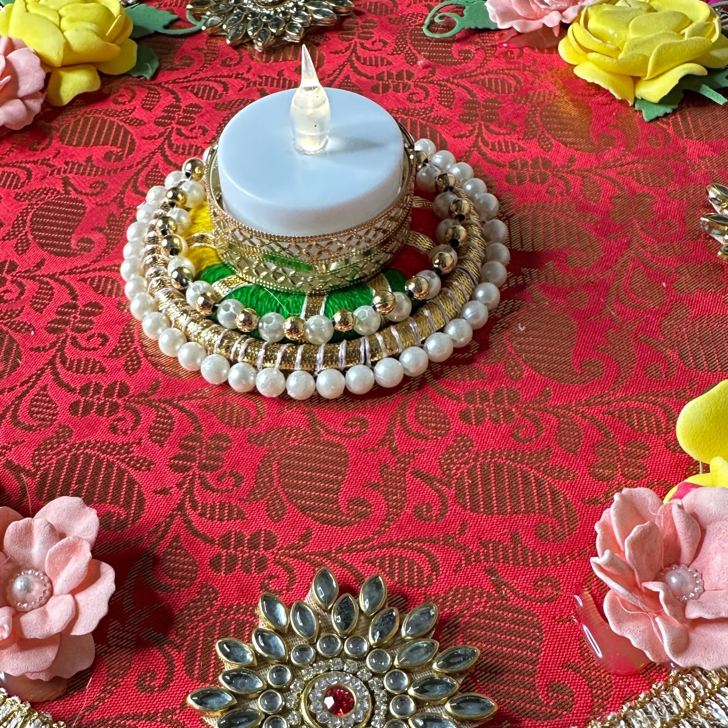 5-Piece Square Diya Rangoli Set in Brocade Fabric - Festive Decoration