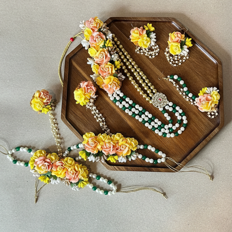 6 Pc Haldi Mehendi Haar, Earrings, Haath Phool, Maang Tikka