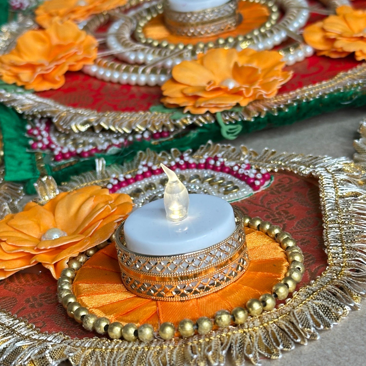 Green 5-Piece Square Diya Rangoli Set in Brocade Fabric - Festive Decoration
