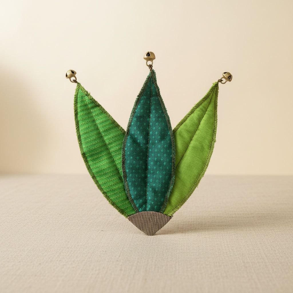 Elegant 3 Green Leaf Brocade Fabric Placemats with Bells Accents - Perfect for Festive Decor