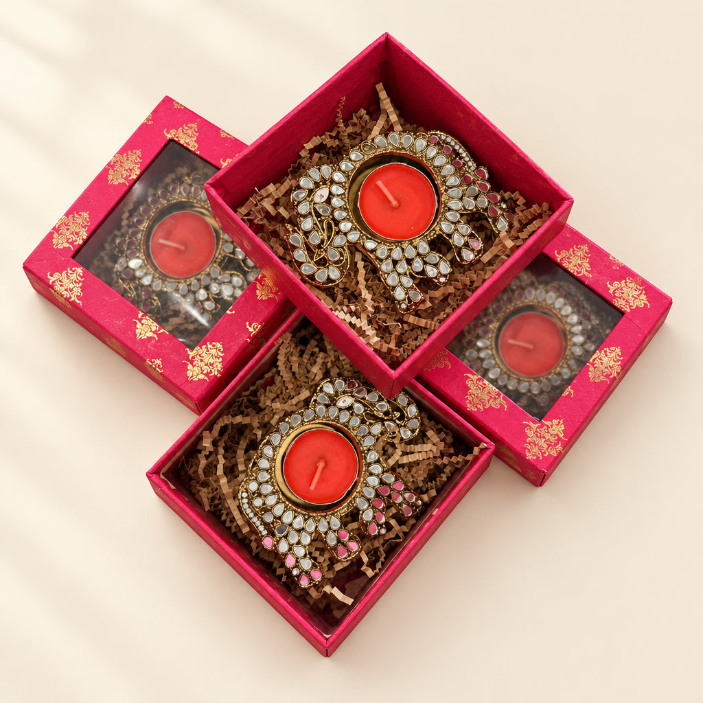 Luxury Mirror Elephant Diya Set – Diya Gift Box with Lid | Festive Decor & Gifting