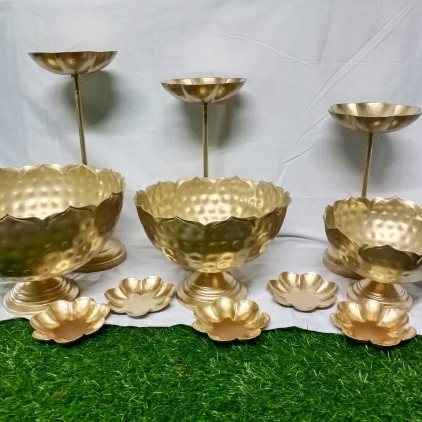 Elegant Gold-Finish Metal Urli and Diya Set β 11 Pieces