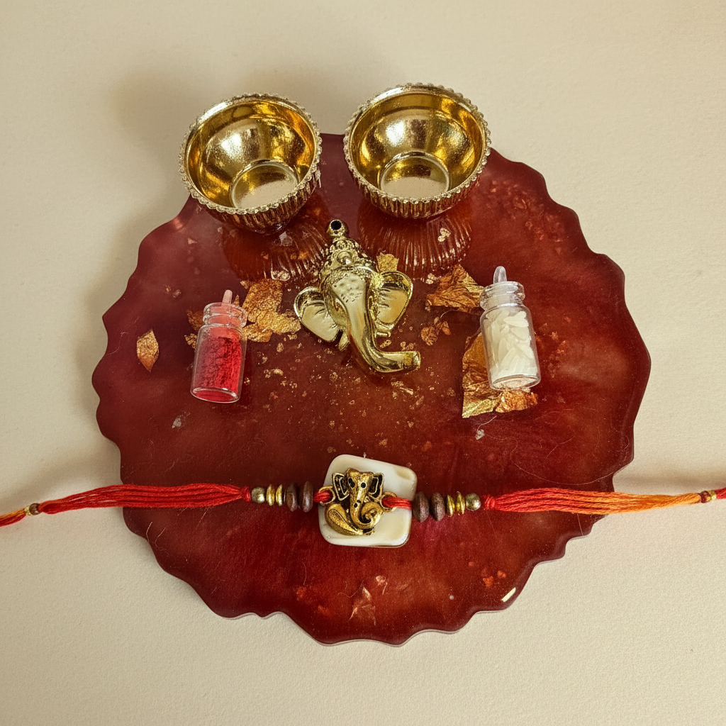 Golden Ganesha Resin Platter Rakhi Set