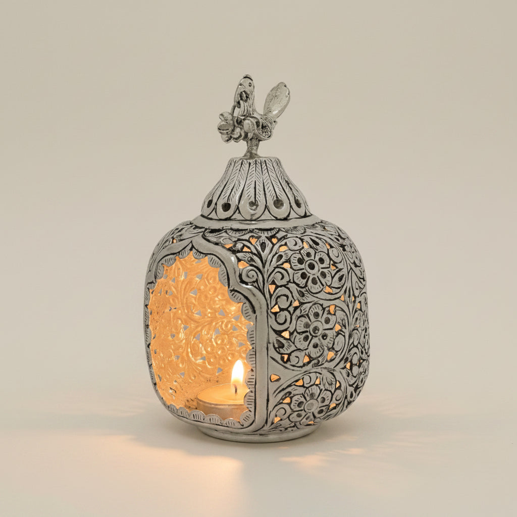 Antique Silver Akhand Diya – Floral Engraved Tealight Holder for Diwali & Pooja