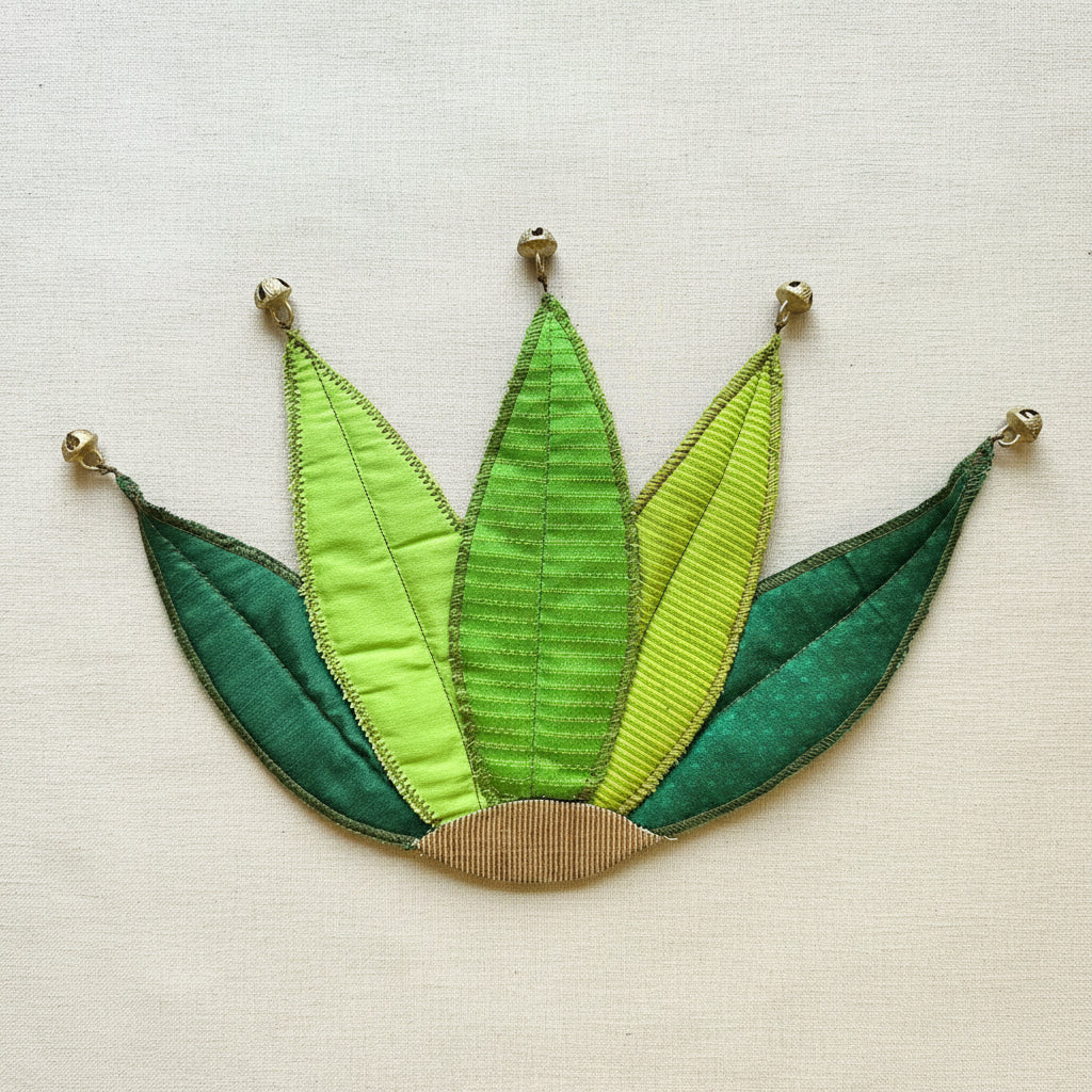 Elegant 5 Green Leaf Brocade Fabric Placemats with Bells Accents - Perfect for Festive Decor