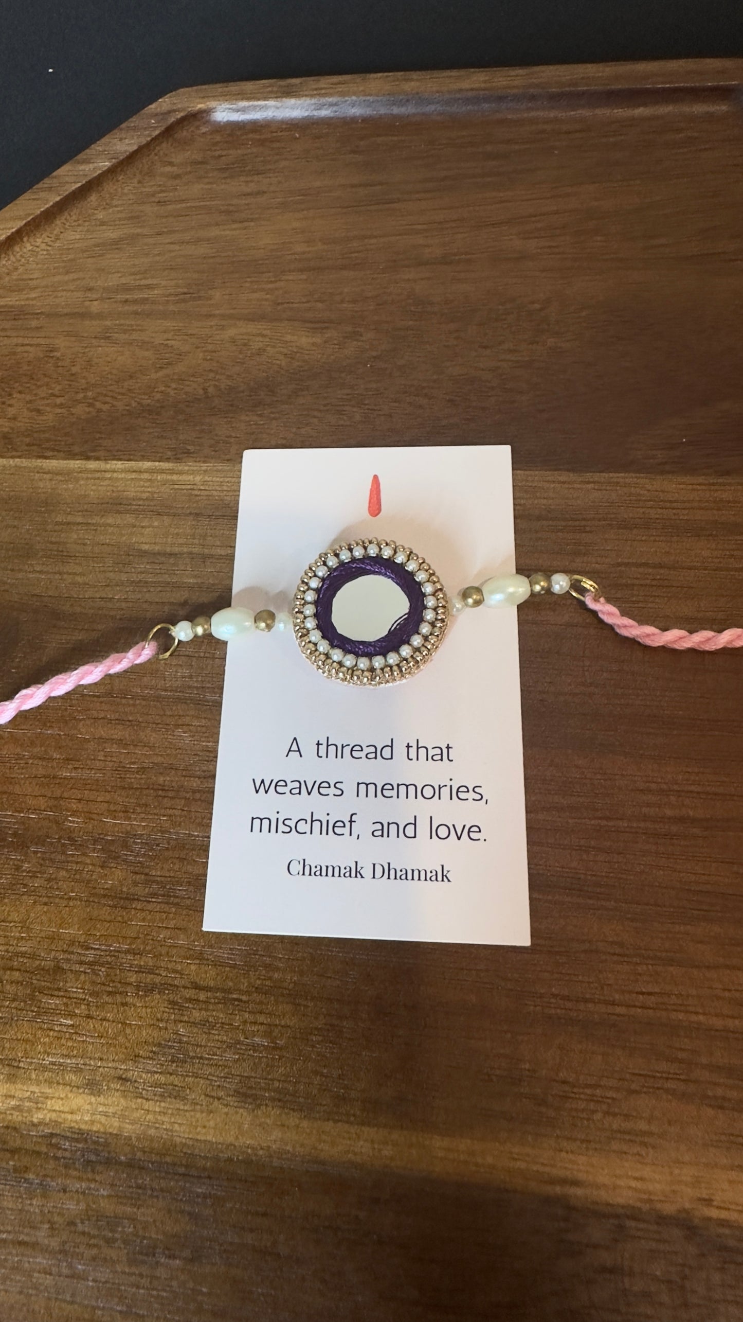 Mirror Embellished Rakhi with Pearl Beads β Pink Thread