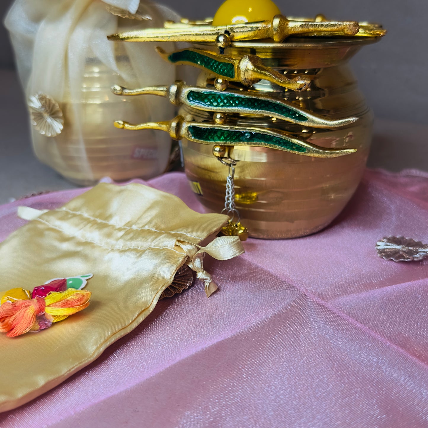 Brass Kalash Gift Set with Nimboo Mirchi Hanging, Parrot Haldi Kumkum & Thali Cover β Indian Pooja & Festive Gift | Chamak Dhamak USA