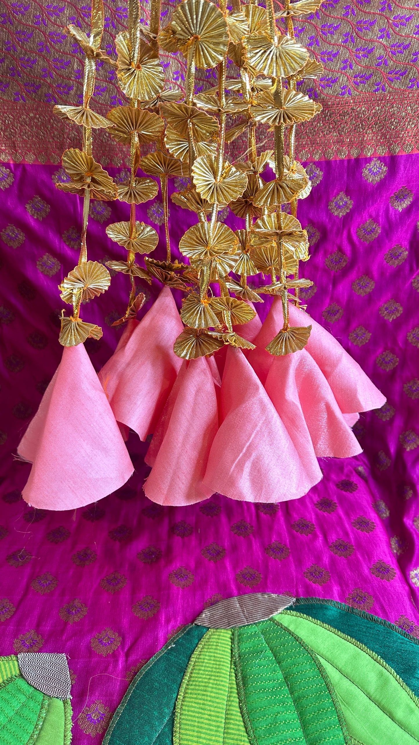 Raw Silk Gold Gota Chakri Hanging Jhumka