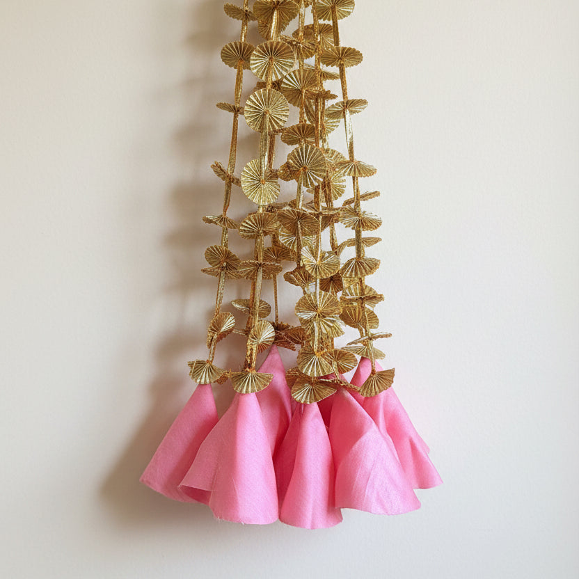 andcrafted 3ft Gold Gota Chakri & Raw Silk Jhumka Hangings (Pair Set) | Traditional Indian Door Decor in organza Bag