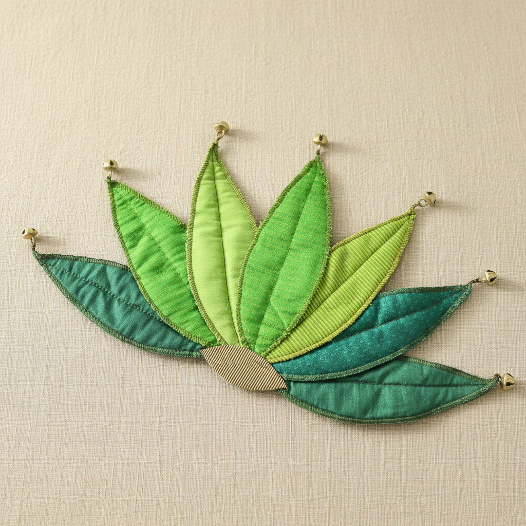 Elegant 7 Green Leaf Brocade Fabric Placemats with Bells Accents - Perfect for Festive Decor
