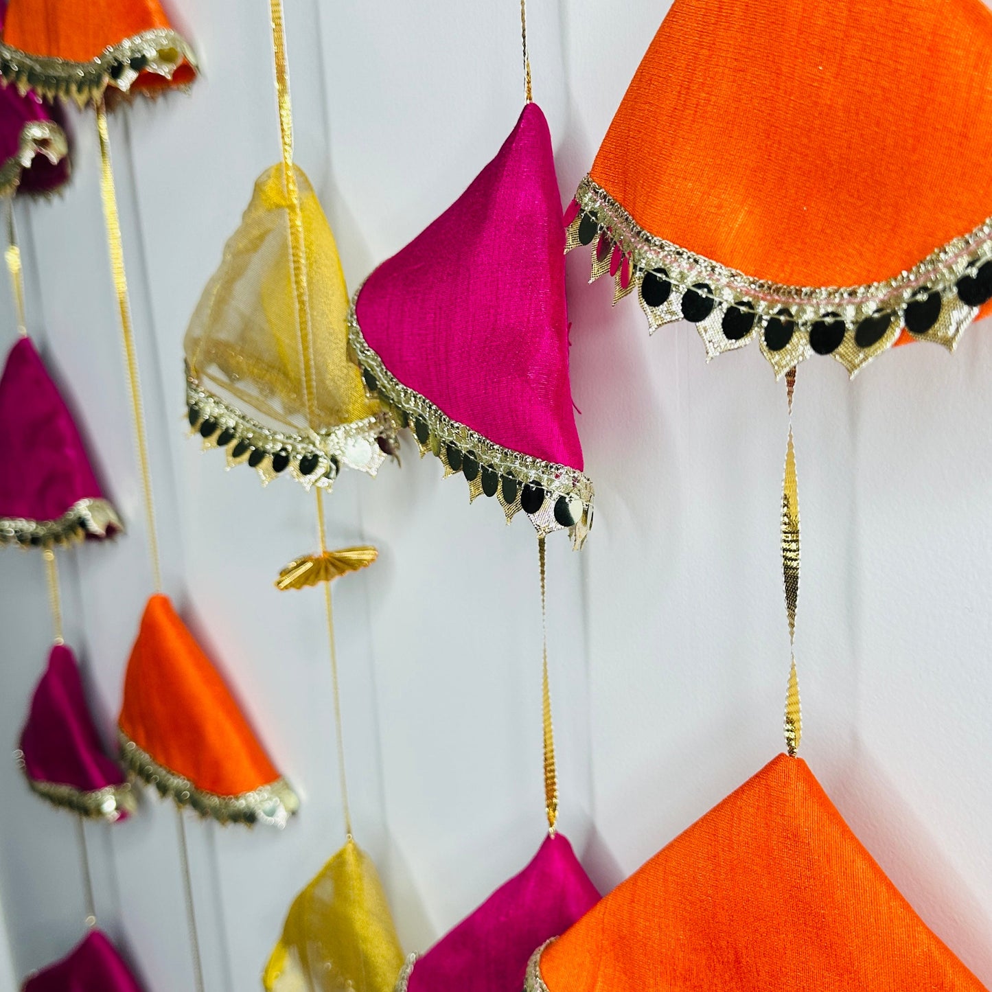 Decorative Hanging – Fabric Cone-Shaped Flowers with Coin Lace (5 ft) – Set of 2