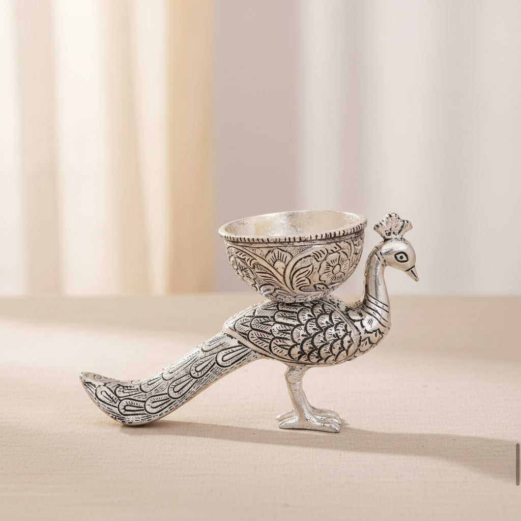 Silver Peacock Bowl – Handcrafted Pooja & Diwali Gift