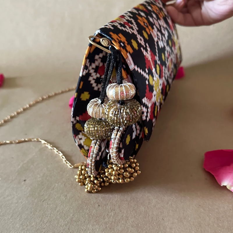 Patola Clutch with Versatile Options - Elegant Tassel and Removable Metal String for Convenience
