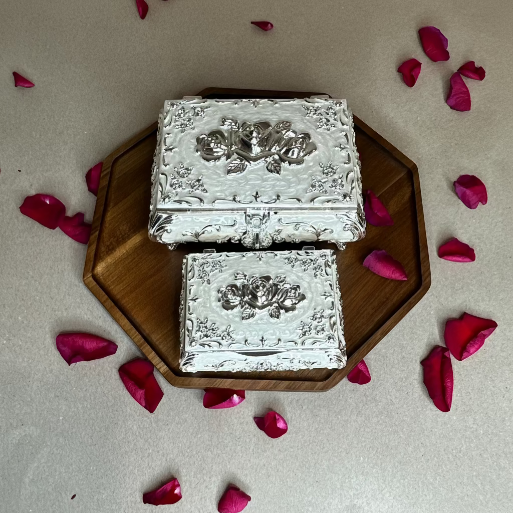Vintage-Style Silver Jewelry Box with Rose Embossing