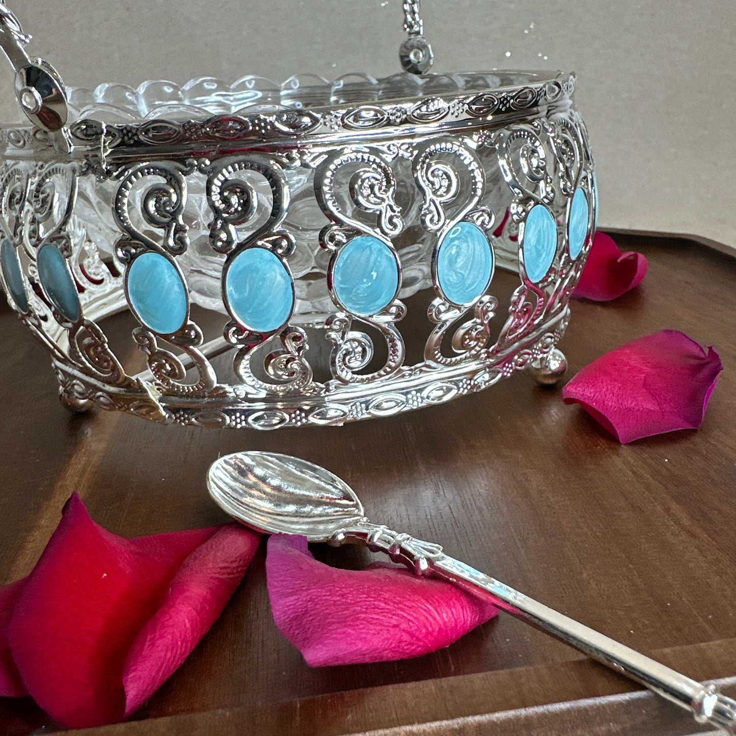 Turquoise Enamel Silver Basket with Handle & Removable Glass Bowl - Satin Lined Box