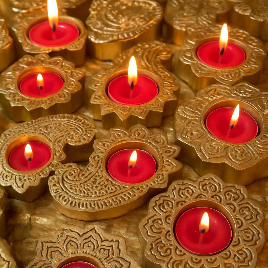 Handcrafted Wooden Block Print Diya Holder Bundle of 6 in Organza Potli Bags | Festive Candle Holders & Indian Wedding Return Favors | Table Decoration for Gifting | Handmade