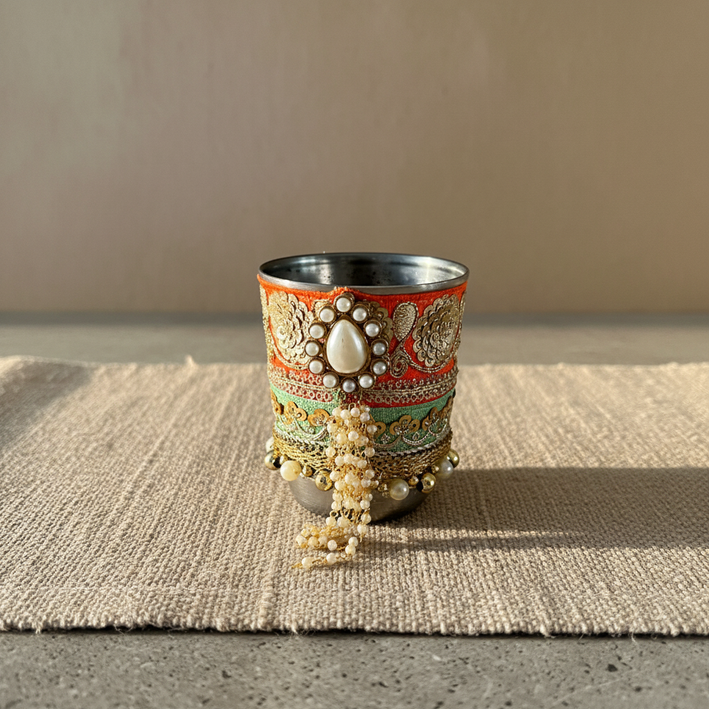 Karwachauth Glass in Orange Color with drop Shaped Pearl Flower