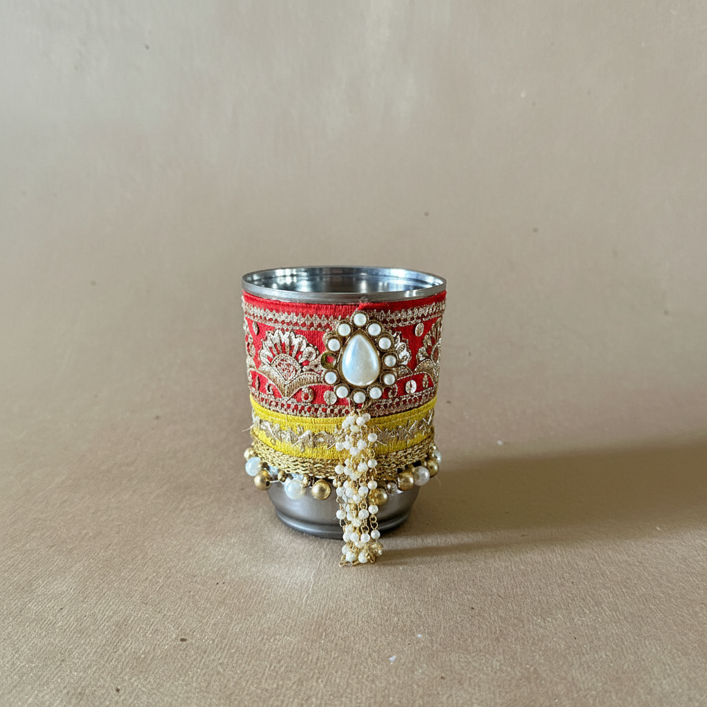 Karwachauth Glass in Red Color with drop Shaped Pearl Flower