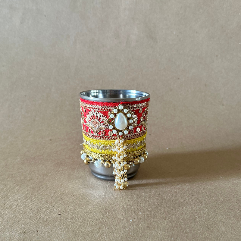 Karwachauth Glass in Red Color with drop Shaped Pearl Flower