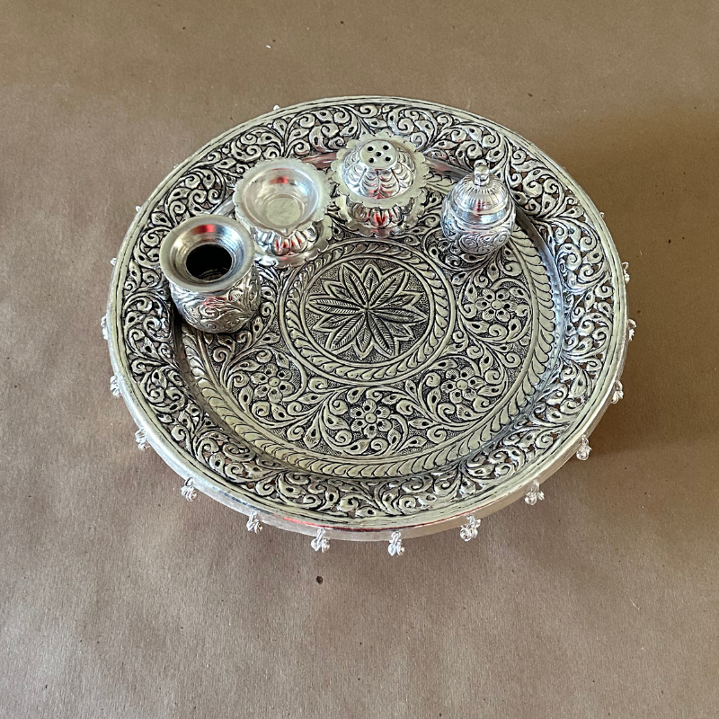 Handcrafted Silver Pooja Thali Set | Traditional Indian Worship Plate with Intricate Engraving | Diwali, Wedding & Festive Gift