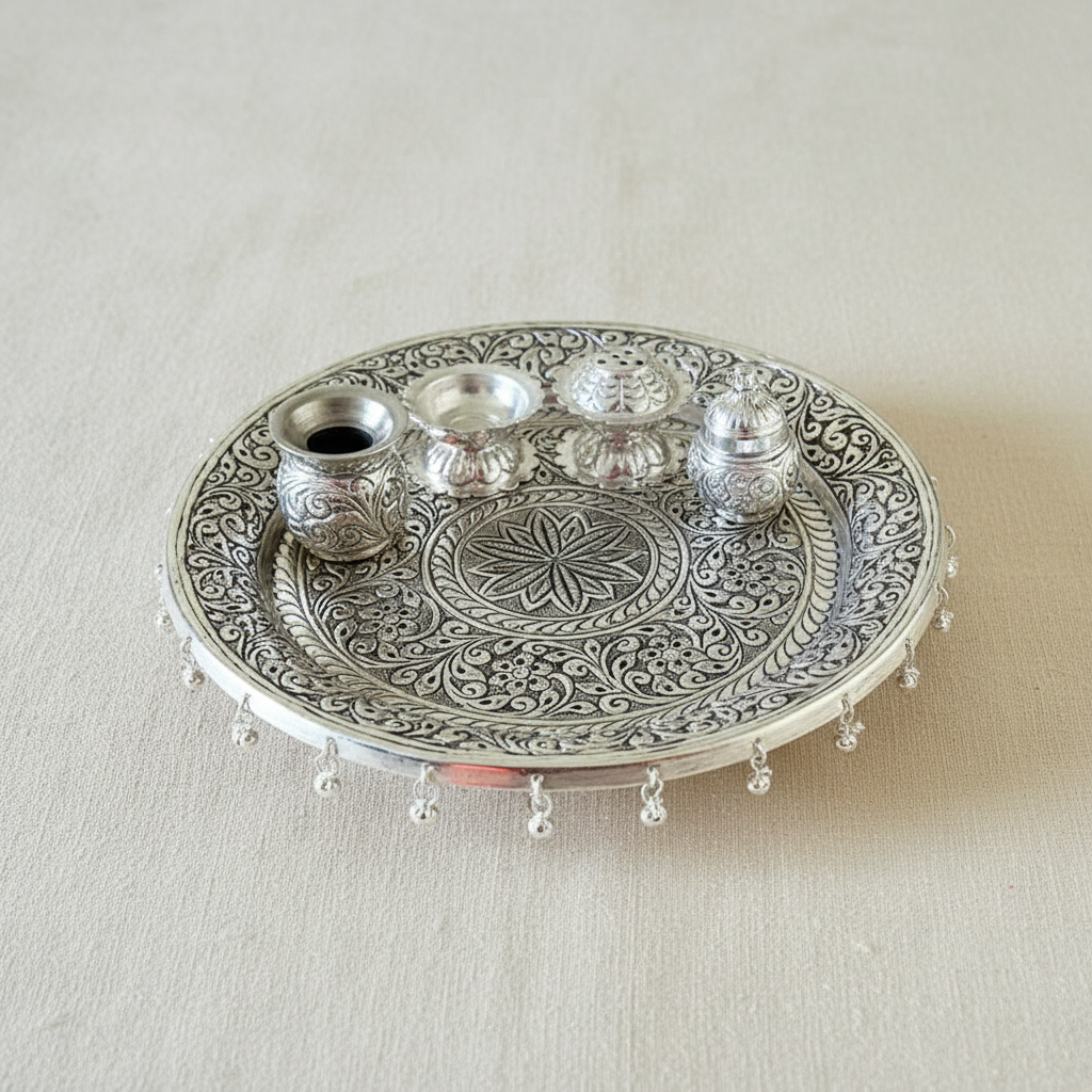 Handcrafted Silver Pooja Thali Set | Traditional Indian Worship Plate with Intricate Engraving | Diwali, Wedding & Festive Gift