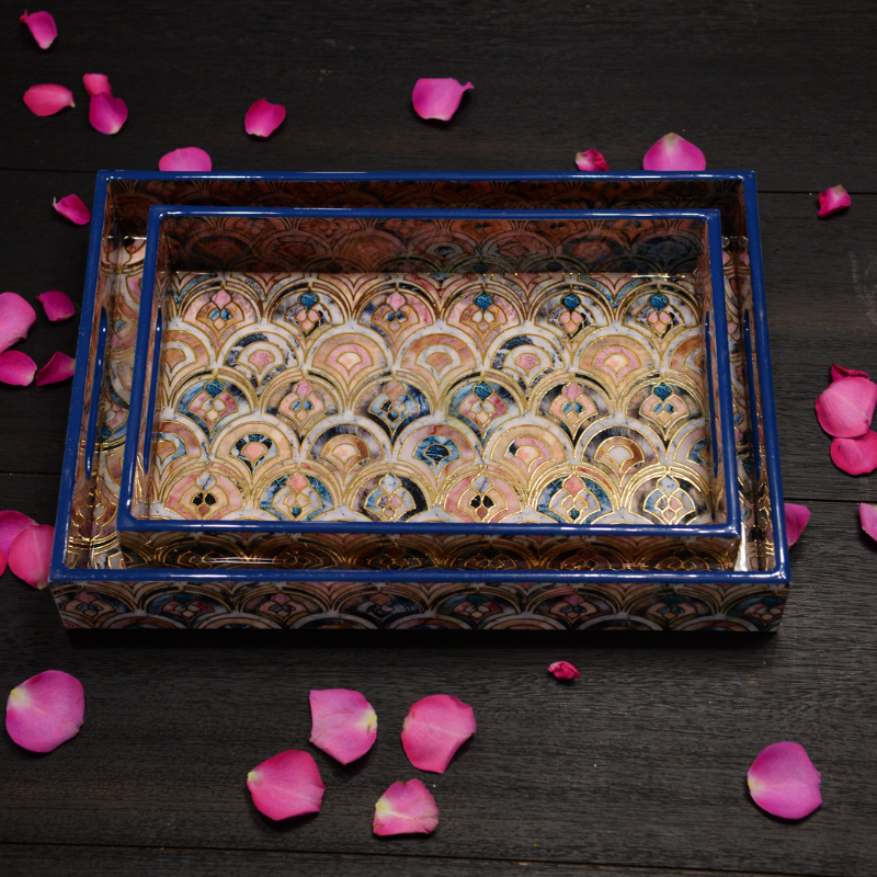 Contemporary Peacock Design Blue Wooden Tray