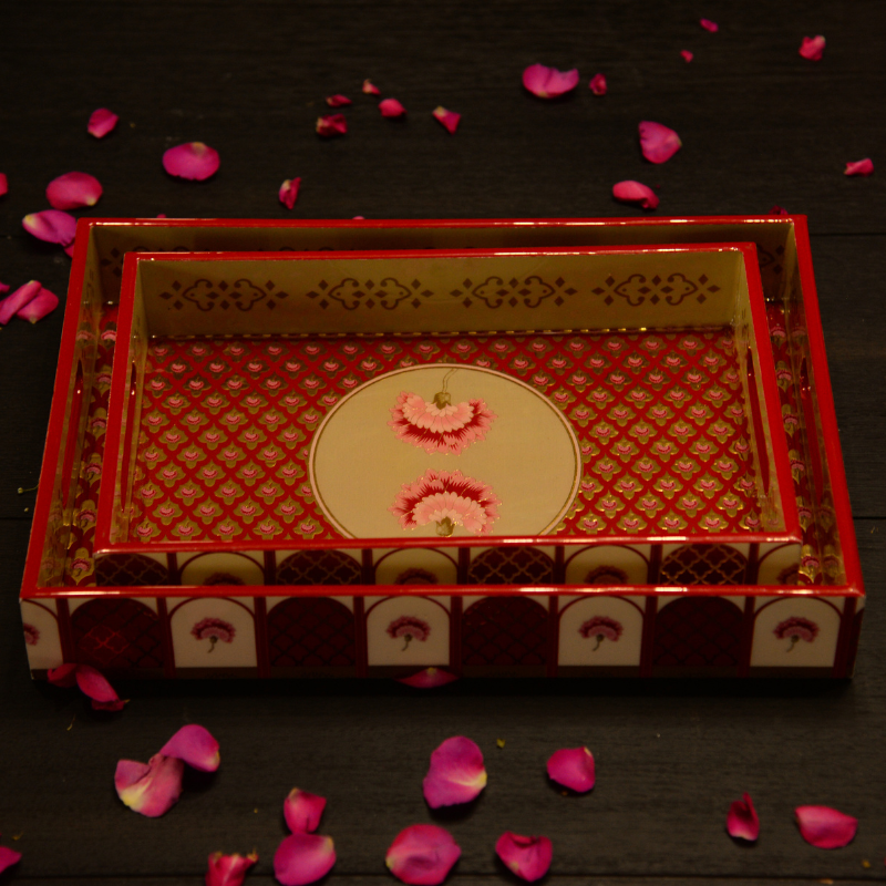 Handcrafted wooden serving tray with Lotus Design and Gold Foil Detailing