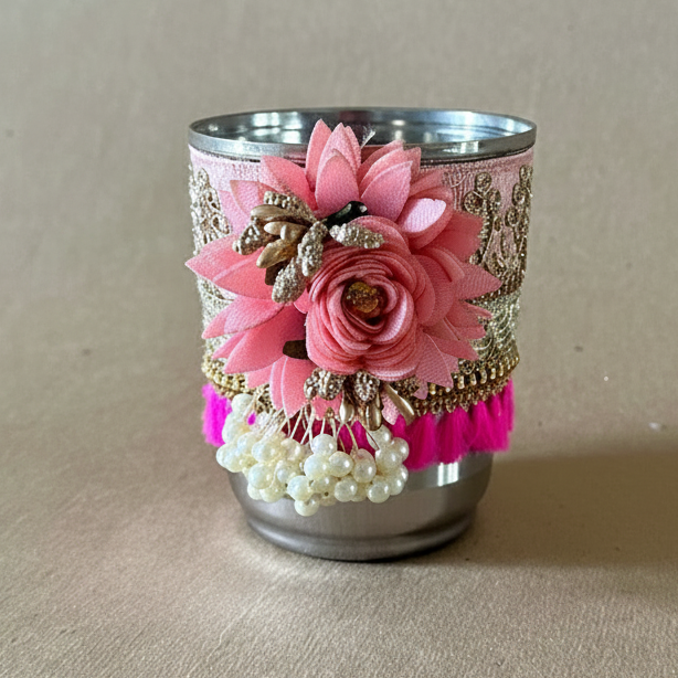 Karwachauth Glass in Pink Fabric Flower