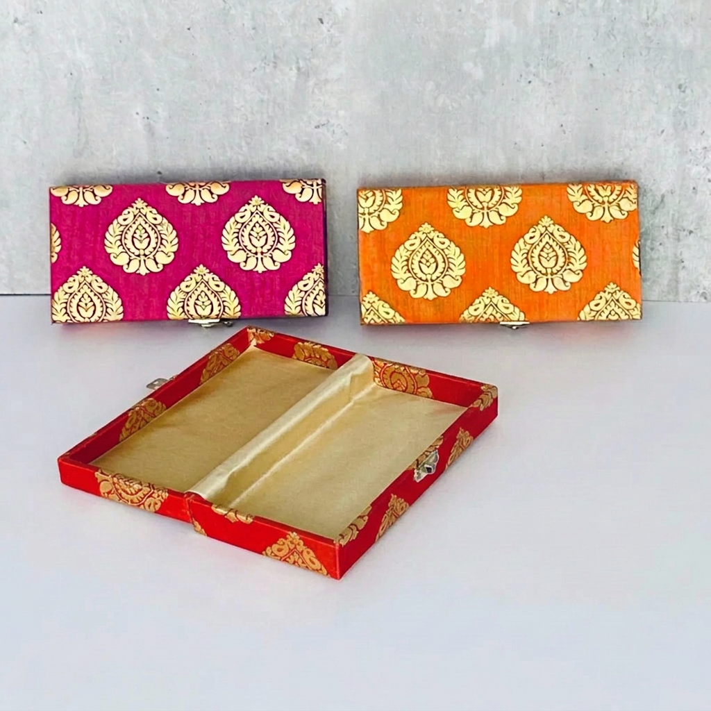 Brocade Silk Shagun Cash Box | Traditional Gold Zari Keepsake & Wedding Favor Box | Table Decoration for Gifting