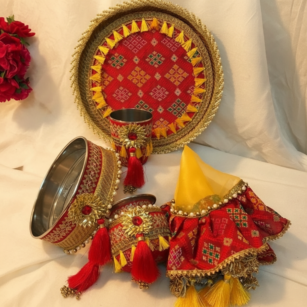 Red and Yellow Patola Karwachauth Thali Set